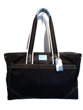 Vintage Coach Hamptons Black Tote with Light Blue Accents and White Stitching